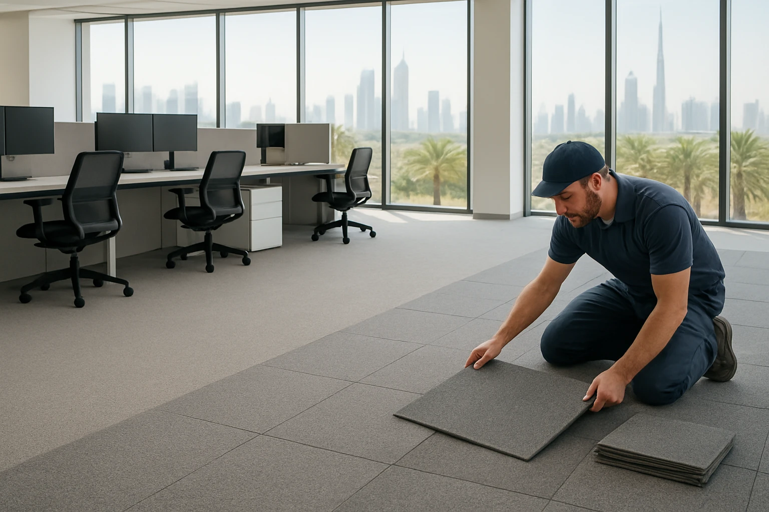 Wall-to-wall carpet beside carpet tiles in a Dubai office, with a technician replacing one carpet tile