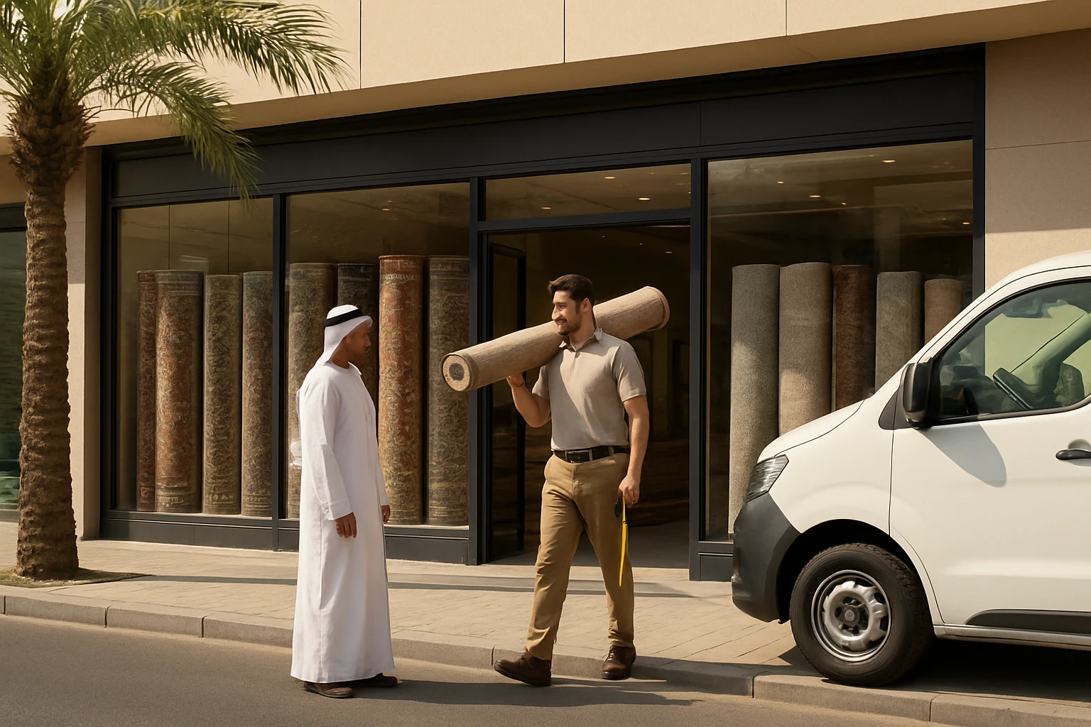 Wall-to-wall carpet showroom exterior in Dubai with a fitter carrying a rolled carpet and measuring tool while speaking to a