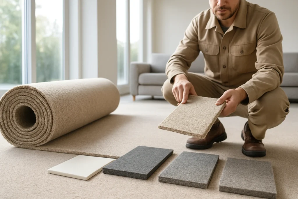 Wall-to-wall carpet underlay samples (foam, rubber, felt) beside a rolled carpet in a bright living room with a contractor in
