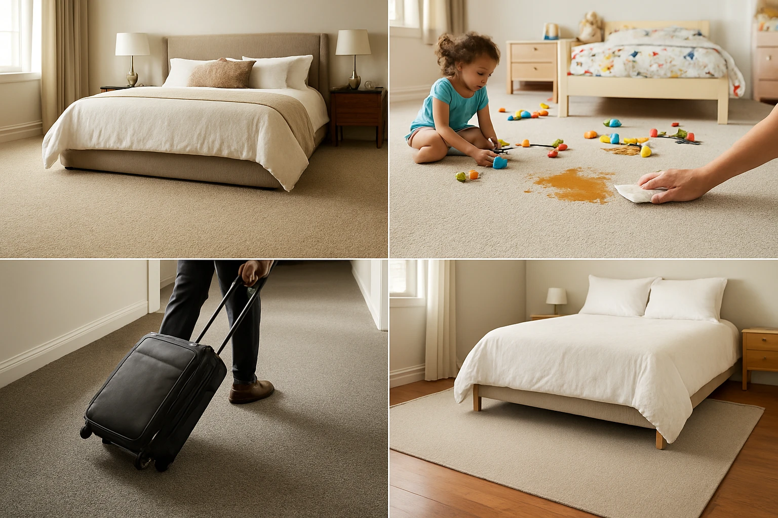 Wool cut-pile, triexta, nylon and olefin carpets shown in four inset bedroom scenes illustrating use cases.