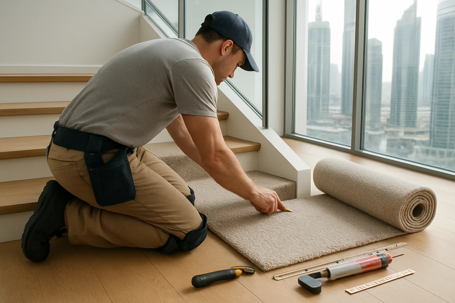 Carpet installer fitting apartment staircase