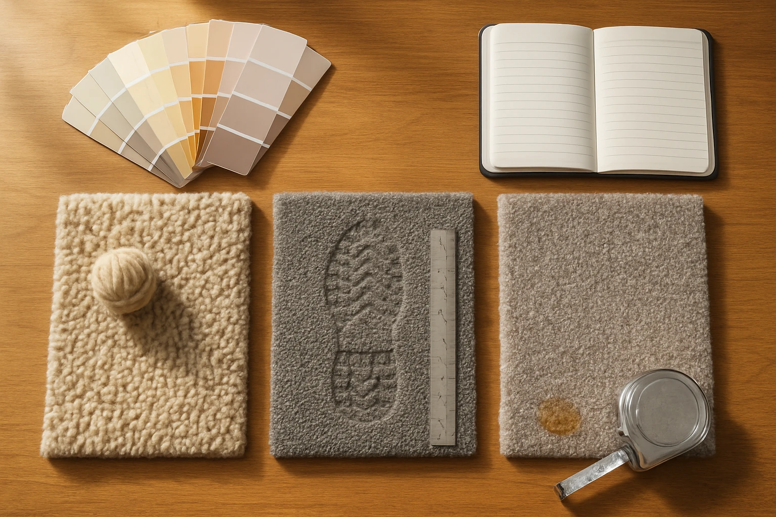 Carpet samples wool nylon polyester on counter