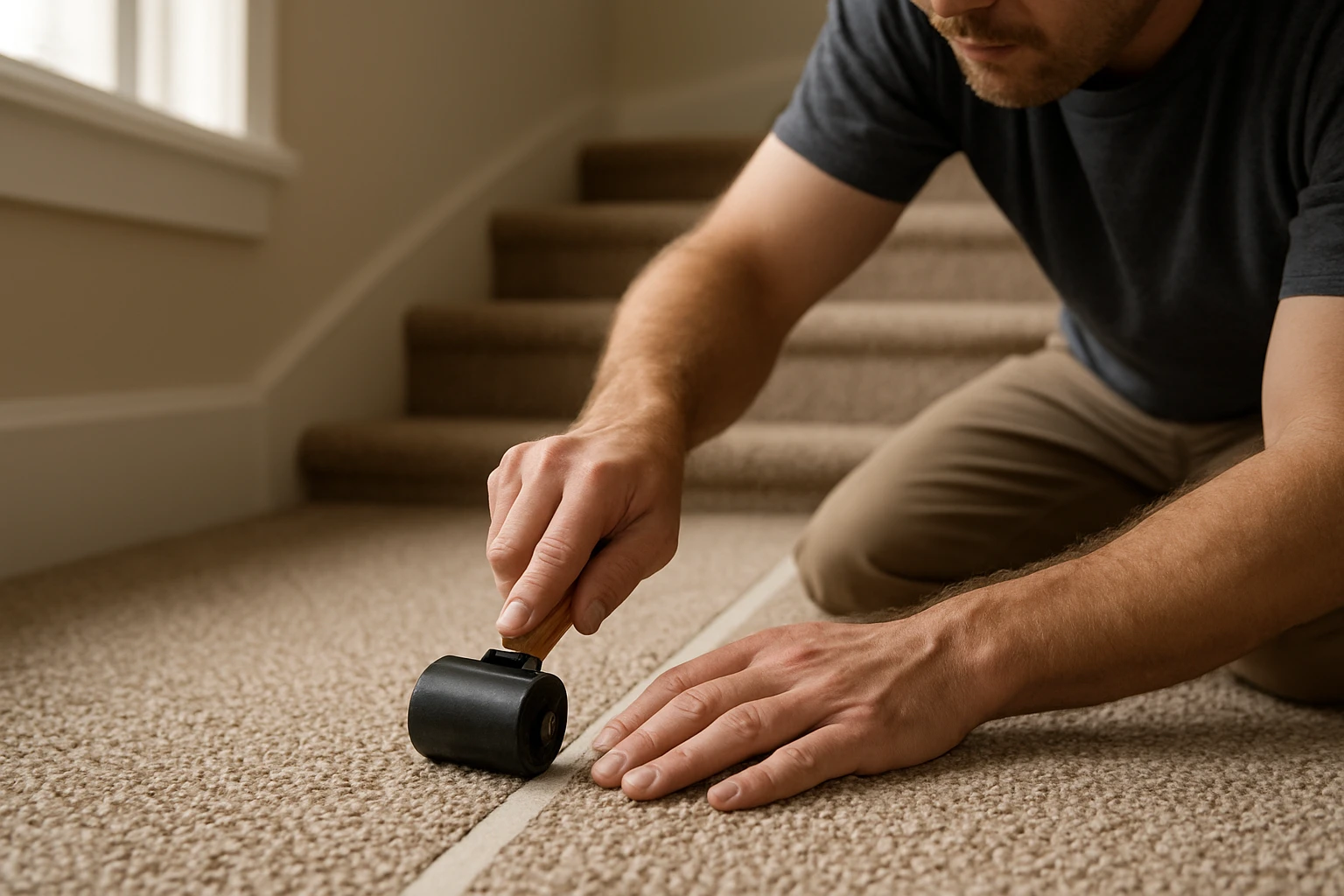 Nylon carpet seam on stair landing