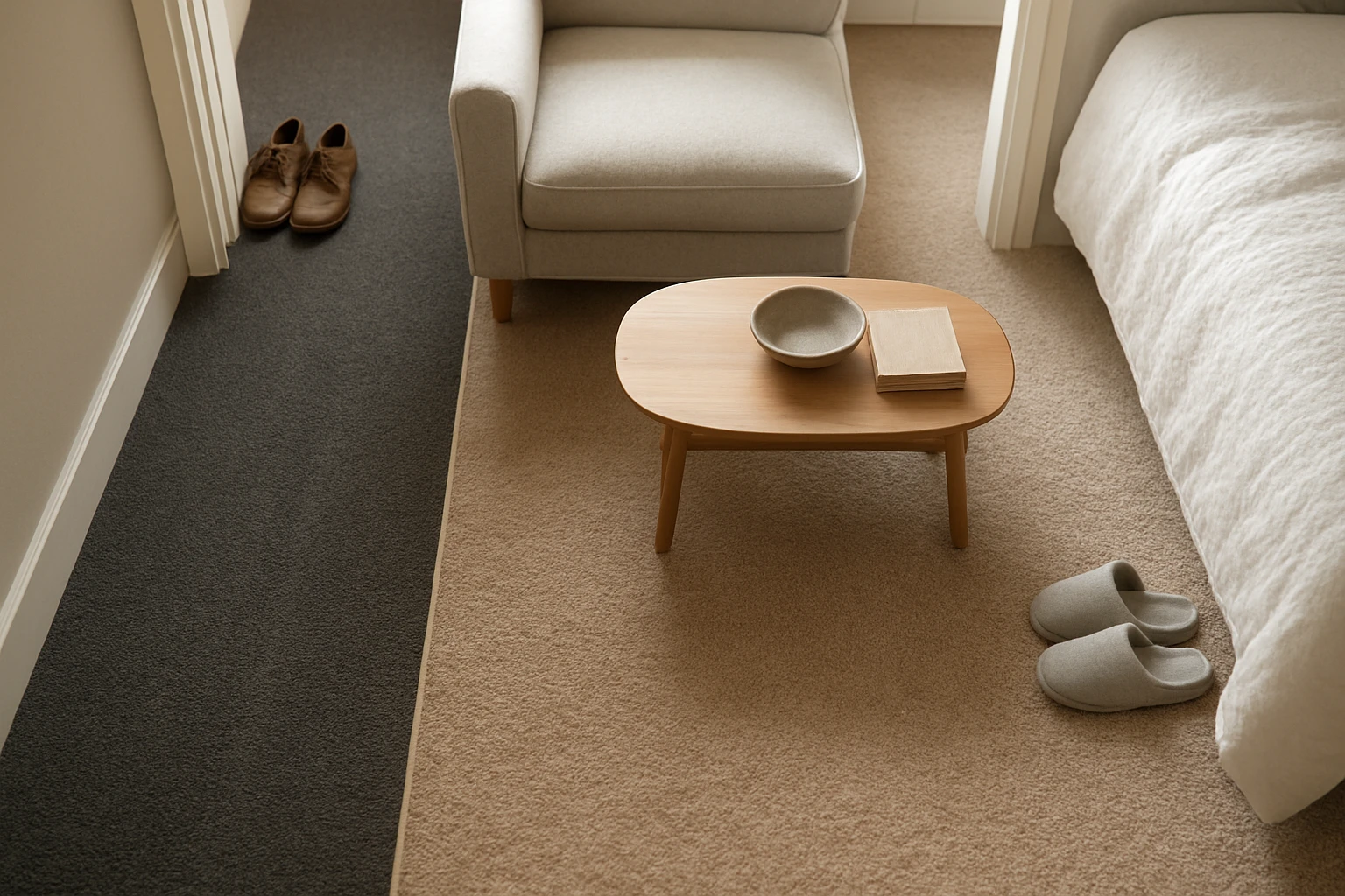 Nylon wool polyester carpets in three rooms