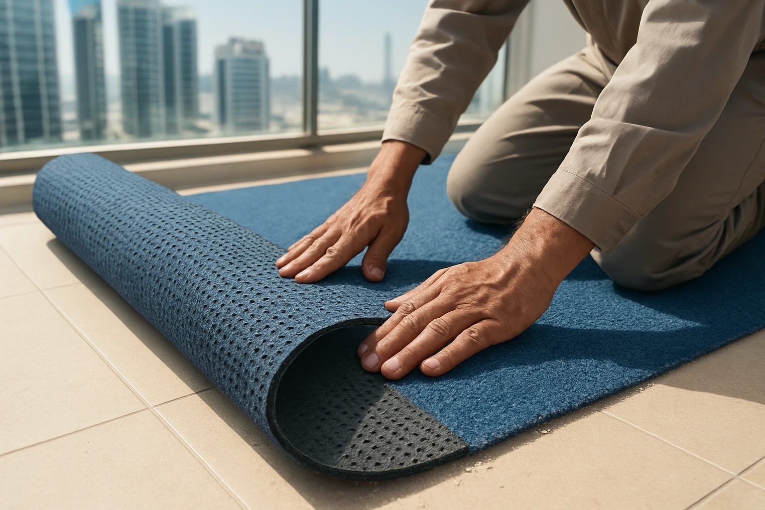 Olefin outdoor carpet being unrolled