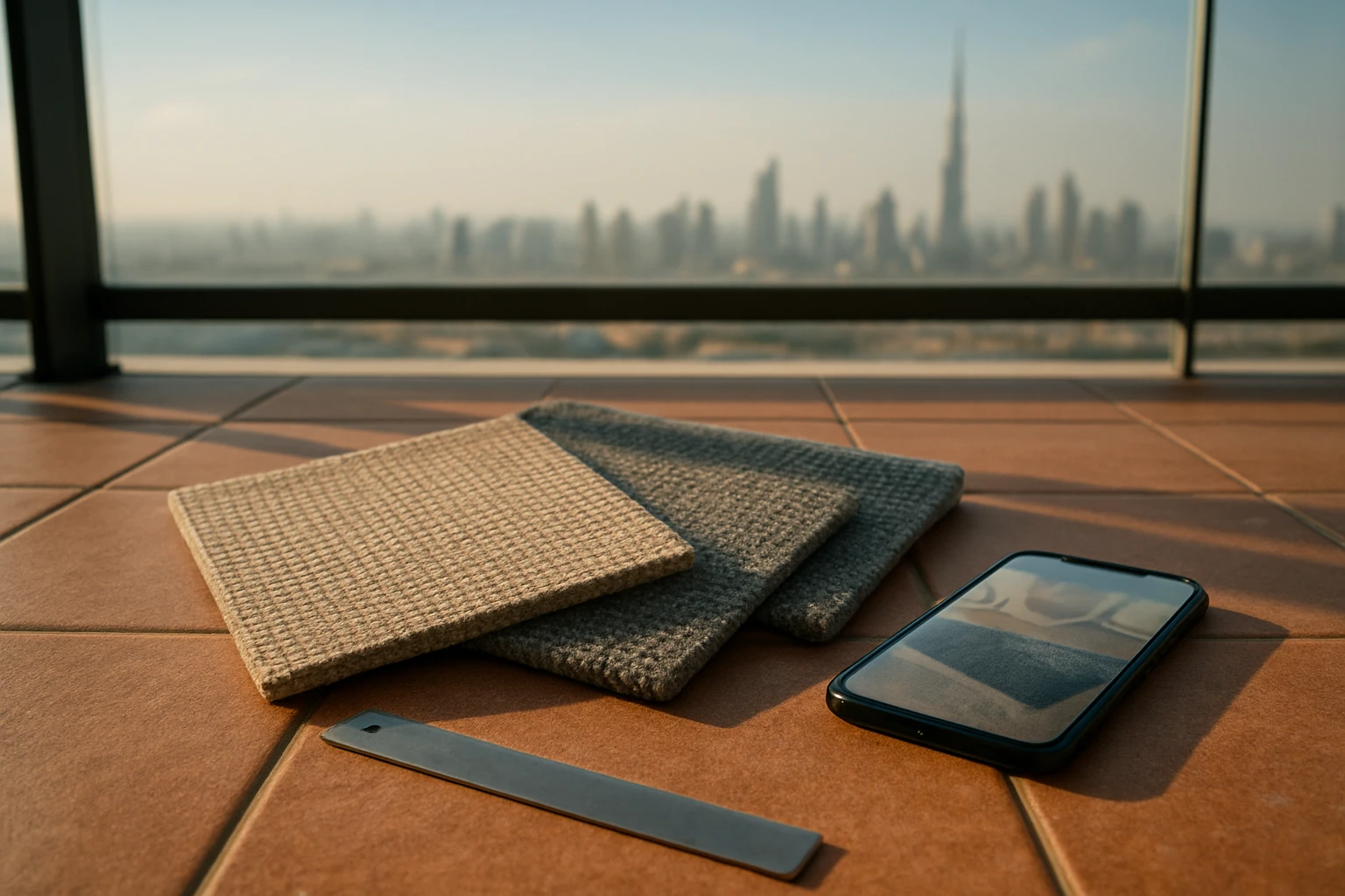 Outdoor carpet samples on Dubai balcony tiles