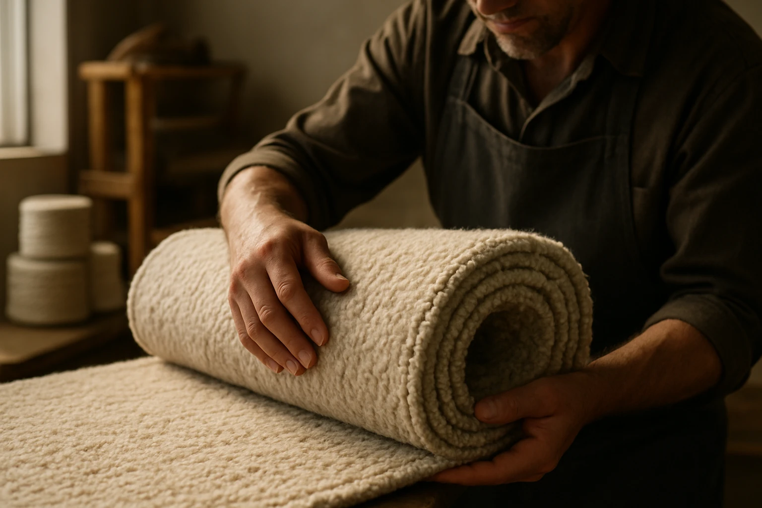 Wool carpet roll inspected by craftsman