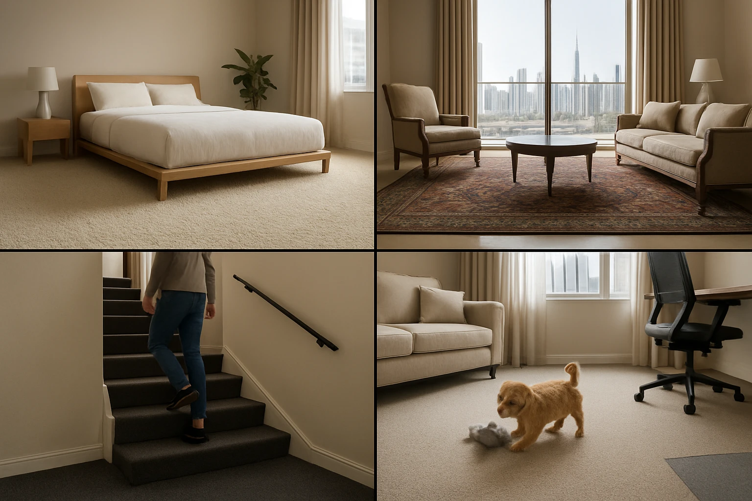 Wool nylon polyester carpets in rooms