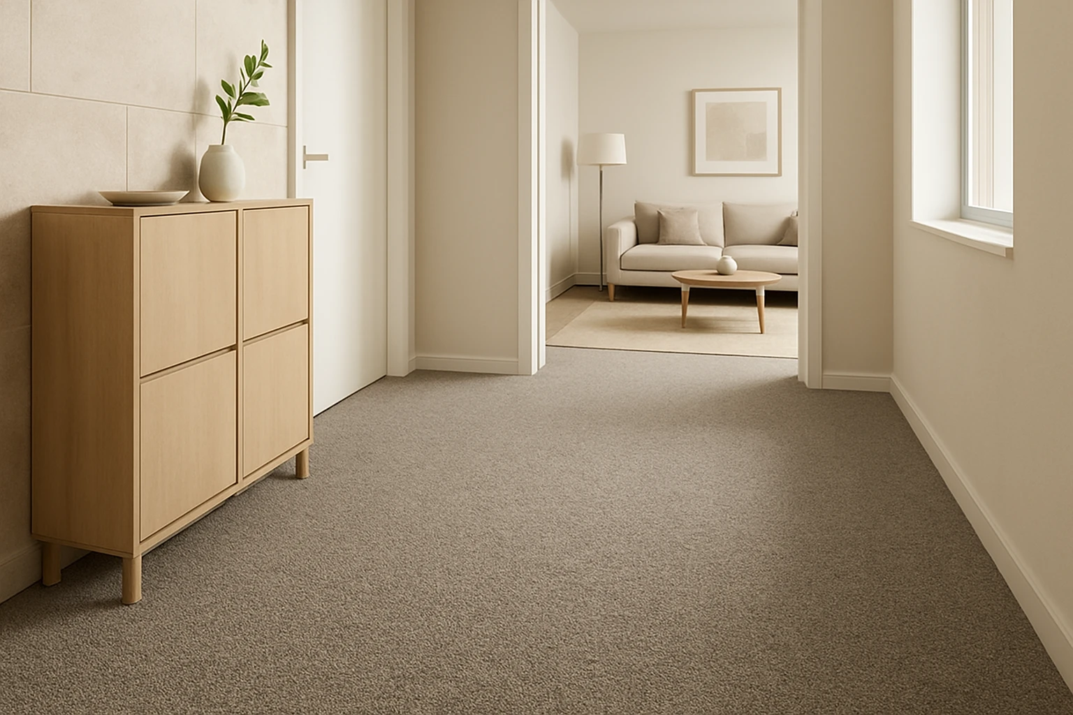 Low pile nylon carpet in a busy hallway