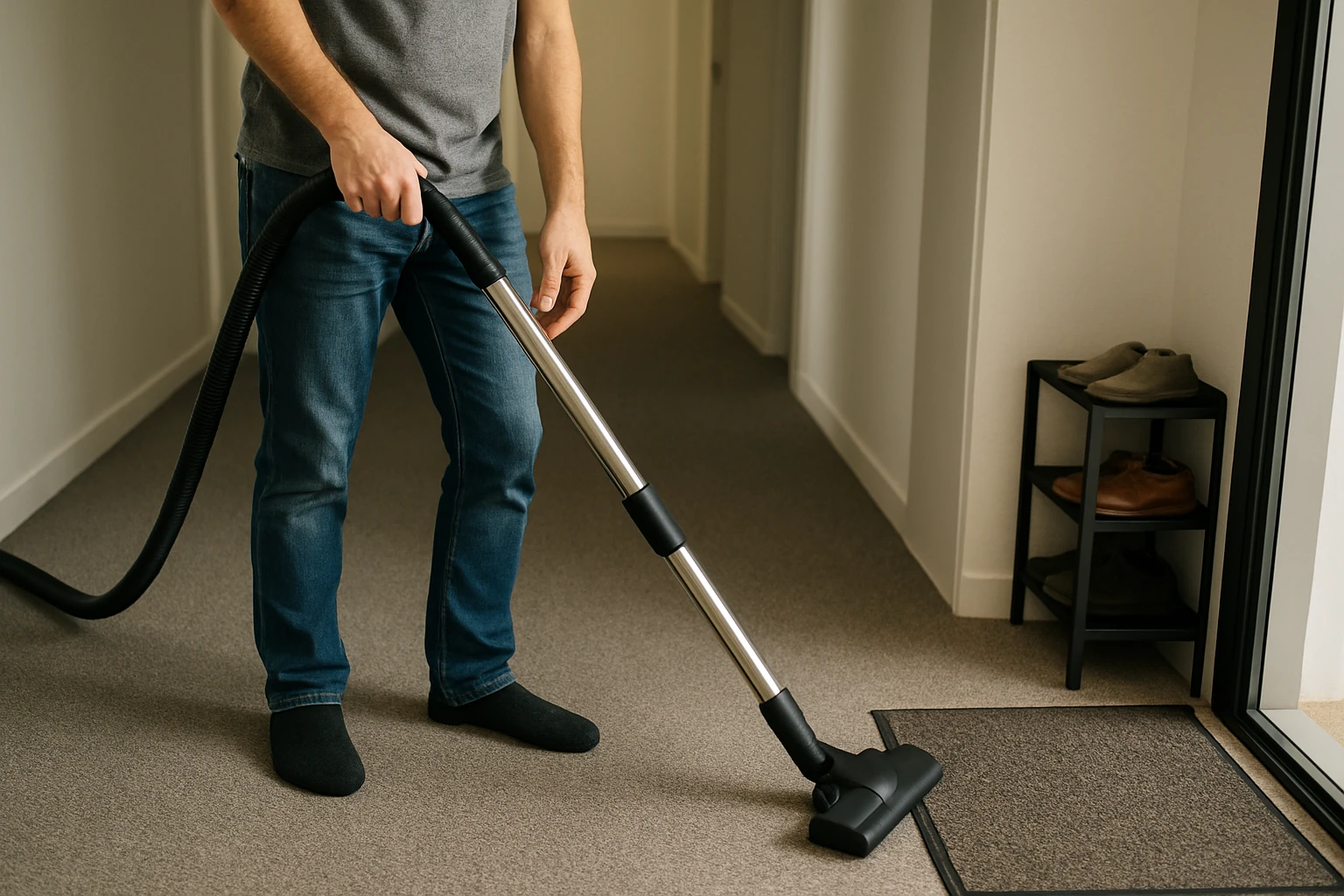 Vacuuming high traffic carpet beside an entrance mat